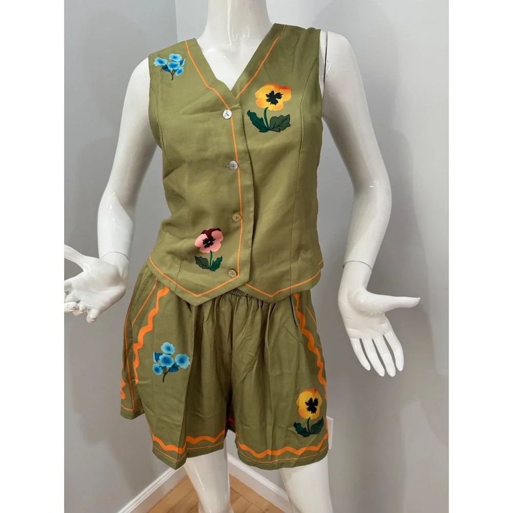 Commense Vest & Shorts Set Olive‎ Green Floral Embroidered Outfit Size XS - Picture 4 of 9